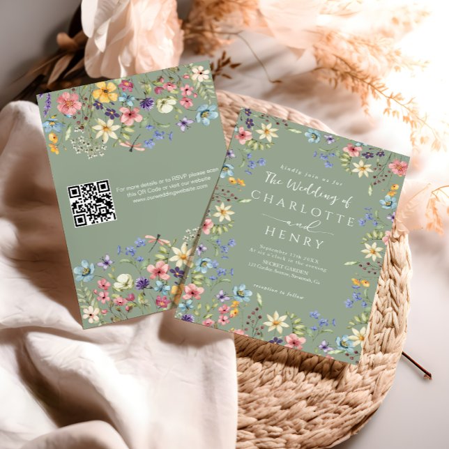  Modern QR Code Sage Green Wildflower Wedding  Invitation (Creator Uploaded)