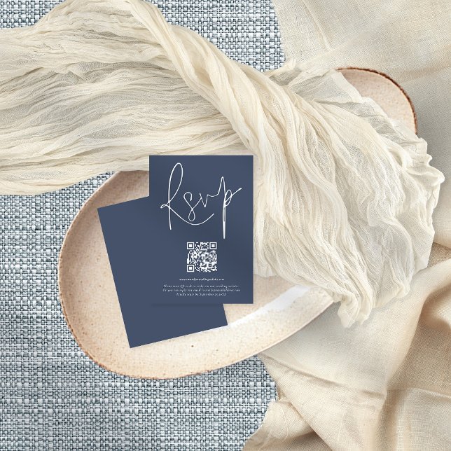 Modern QR Code Script Wedding Dusty Navy RSVP Card (Creator Uploaded)