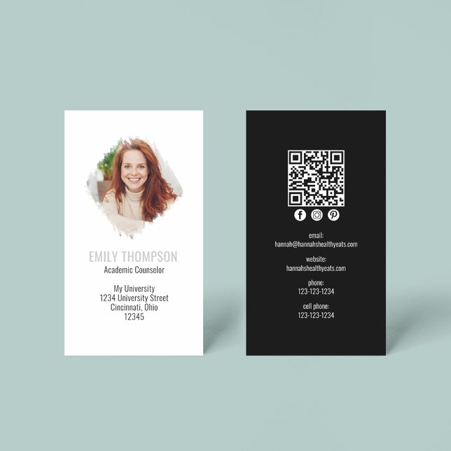 Modern QR Code Social Media Photo Professional Business Card (Simple minimalist black and white business card with QR code and watercolor photo effect. )