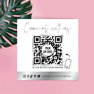 Modern QR Code Social Media White & Chrome Silver Square Business Card