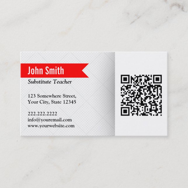 Modern QR Code Substitute Teacher Business Card (Front)