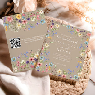 Modern QR Code Taupe Rustic Wildflower Wedding Invitation