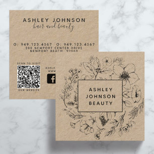 Modern QR Code Website Botanical Kraft and Black Square Business Card