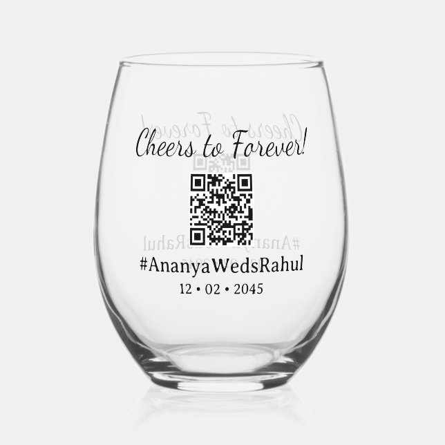 Modern QR Code Wedding Favour Stemless Wine Glass (Front)