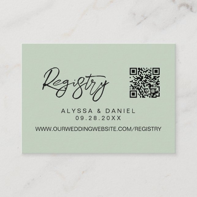 Modern QR code wedding registry custom sage green Enclosure Card (Front)