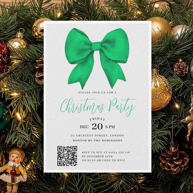 Modern QR Green Holiday Bow Christmas Party Invitation (Creator Uploaded)