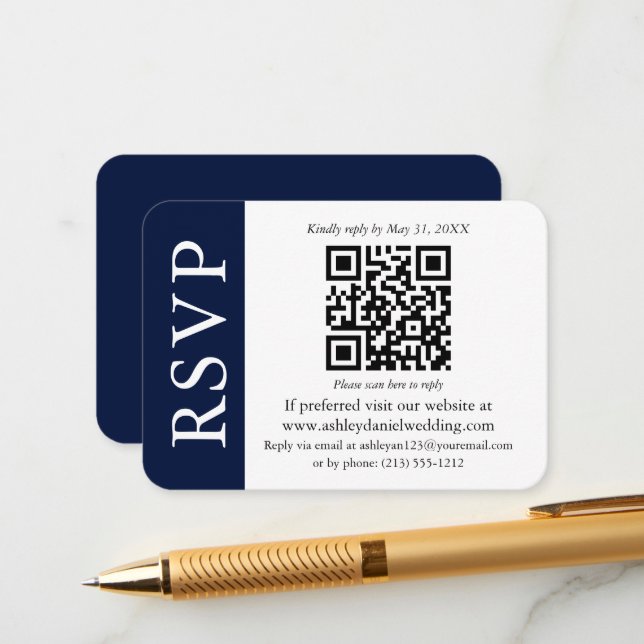Modern QR Wedding RSVP Blue and White Enclosure Card (Front/Back In Situ)