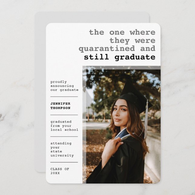 Modern Quarantined Covid Grey Photo Graduation Announcement (Front/Back)