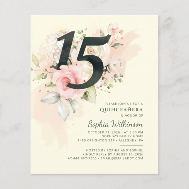 Modern Quinceanera 15th Birthday Floral Invitation (Front)