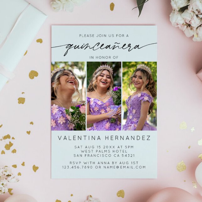 Modern Quinceanera Birthday Party 3 Photo Collage Invitation (Creator Uploaded)