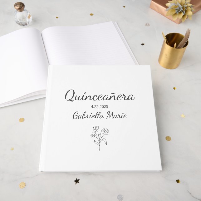 Modern Quinceañera Elegant 15th Birthday Party Guest Book (Front Open)