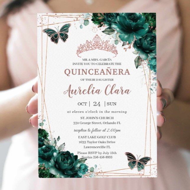 Modern Quinceañera Emerald Green Floral Rose Gold Invitation (Creator Uploaded)