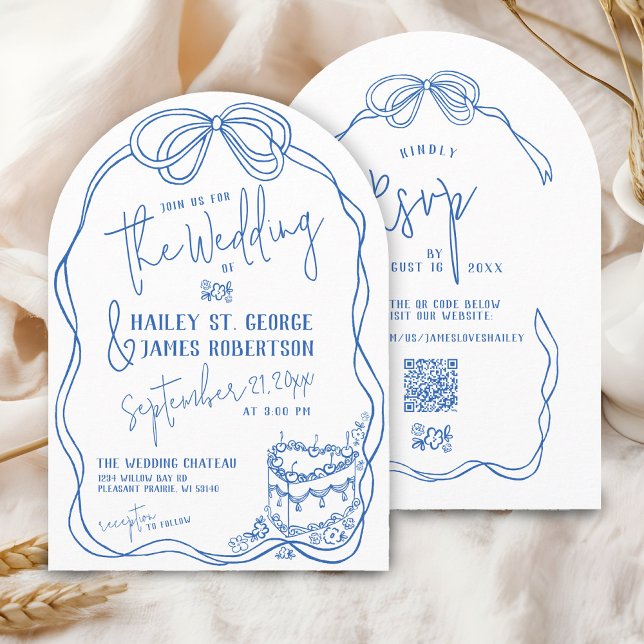 Modern quirky hand drawn bow BLUE retro wedding Invitation (Retro modern hand drawn blue and white elegant coquette bow floral vintage cake wedding invitation)