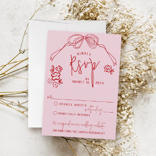 Modern Quirky Hand Drawn Bow Floral PINK Wedding RSVP Card