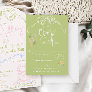 Modern quirky hand drawn bow PASTEL green wedding RSVP Card