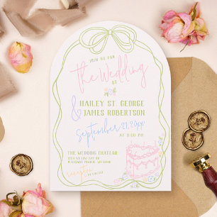 Modern quirky hand drawn bow PASTEL retro wedding Invitation