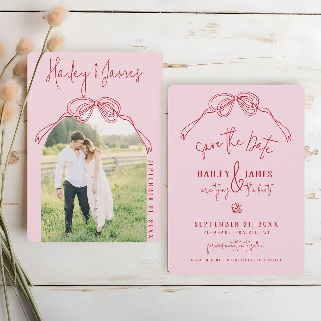 Modern Quirky Hand Drawn Bow PINK Photo Wedding Save The Date (Modern elegant hand drawn written coquette pink & red bow script typography quirky retro Wedding)