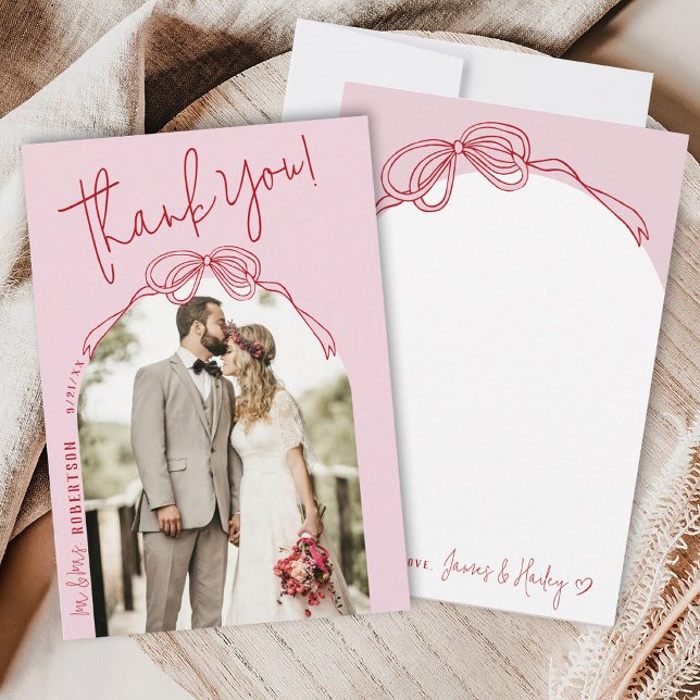 Modern Quirky Hand Drawn Bow PINK Photo Wedding Thank You Card (Pink and Red quirky whimsical modern coquette bow arch frame wedding photo Mr & Mrs thank you card)