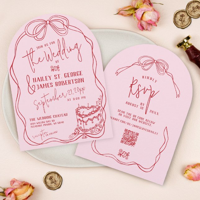 Modern Quirky Hand Drawn Bow PINK Retro Wedding Invitation (Retro modern hand drawn pink & red elegant coquette bow floral vintage cake wedding invitation)