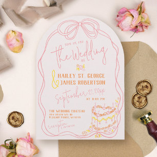 Modern quirky hand drawn bow pink sunset wedding invitation