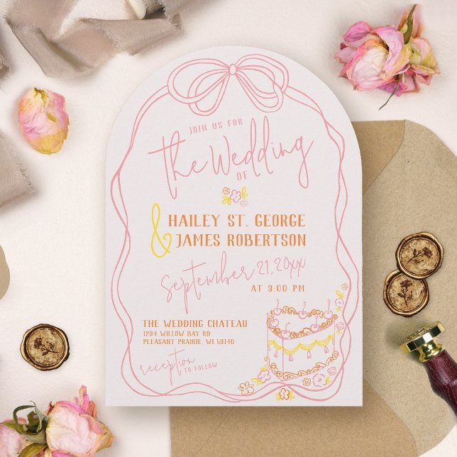 Modern quirky hand drawn bow pink sunset wedding invitation (Modern quirky whimsical hand drawn arch pink bow orange sunset colorful unique wedding invitation)