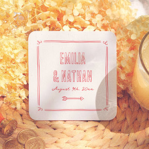 Modern Quirky Retro Hand Drawn Cupid Wedding Square Paper Coaster