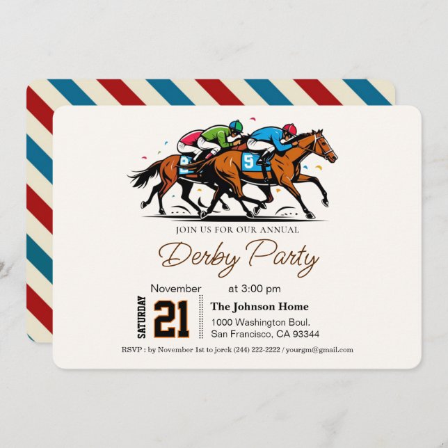 Modern Race Horse Derby Party Equestrian  Invitation (Front/Back)