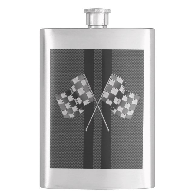 Modern Racing Flags Stripes in Carbon Fibre Style Hip Flask (Front)