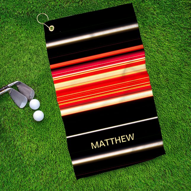 Modern Racing Stripes Red Black Gold Personalised Golf Towel (Creator Uploaded)