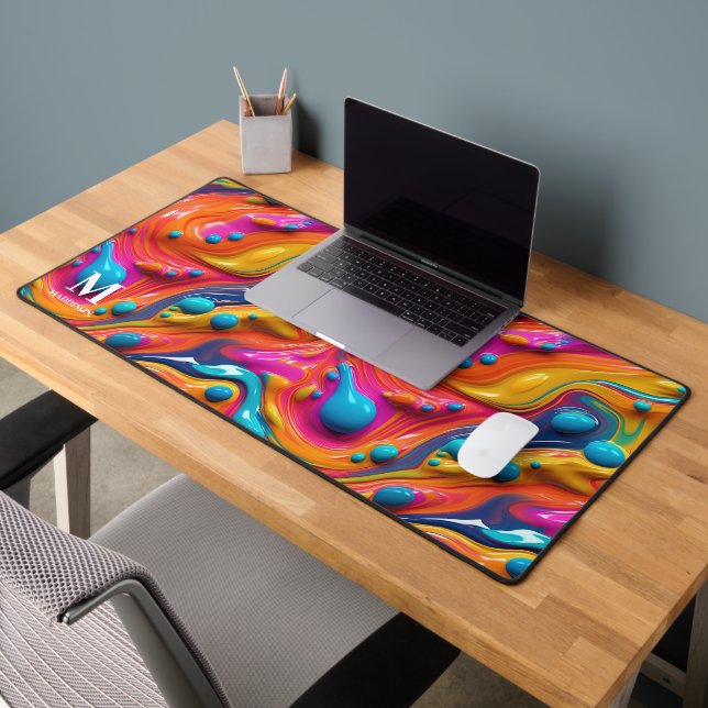 Modern Rainbow Abstract Paint Monogram Desk Mat (Office 2)