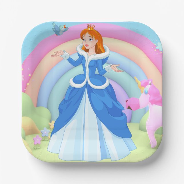 Modern Rainbow and Disney Princess Birthday Paper Plate (Front)
