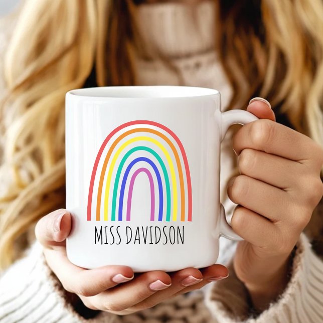 Modern rainbow back to school teacher custom name coffee mug (Custom Rainbow Teacher Name Mug, Back to School Teacher Mug, Teacher Appreciation Mug for Her)