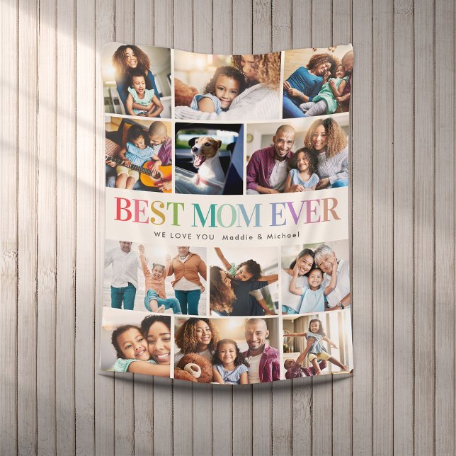 Modern Rainbow Best Mum Ever 12 Photo Collage Fleece Blanket (Creator Uploaded)