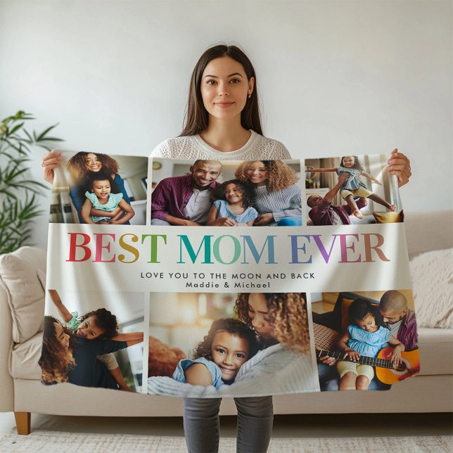 Modern Rainbow Best Mum Ever 6 Photo Collage Fleece Blanket (Creator Uploaded)
