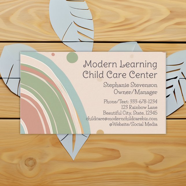 Modern Rainbow Childcare Daycare Kids Education Business Card (modern rainbow blush childcare daycare business card)