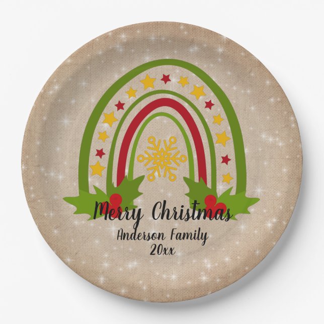 Modern Rainbow Christmas Holly 20xx Year Text 9" Paper Plate (Front)
