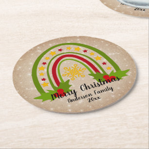 Modern Rainbow Christmas Holly 20xx Year Text Round Paper Coaster