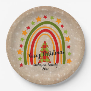 Modern Rainbow Christmas Tartan Tree 20xx Text 9" Paper Plate