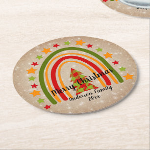 Modern Rainbow Christmas Tartan Tree 20xx Text Round Paper Coaster