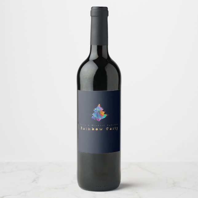 Modern Rainbow Christmas Tree Navy Blue Gold Wine Label (Front)