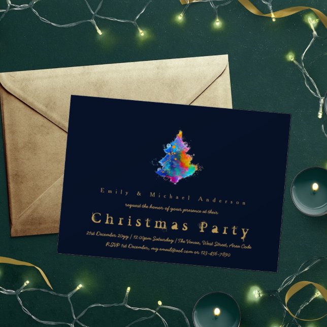 Modern Rainbow Christmas Tree Trendy Navy Blue Invitation (Creator Uploaded)