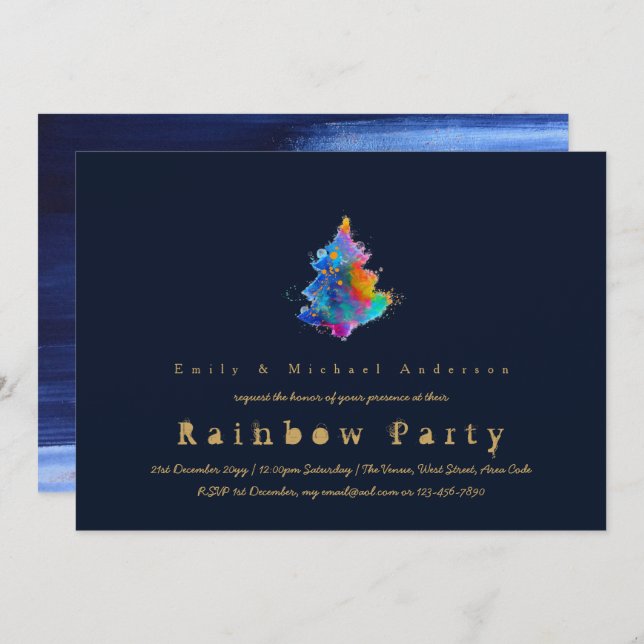 Modern Rainbow Christmas Tree Trendy Navy Blue Invitation (Front/Back)