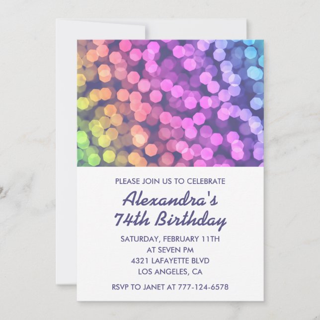 Modern Rainbow Confetti 74th birthday invitations  (Front)