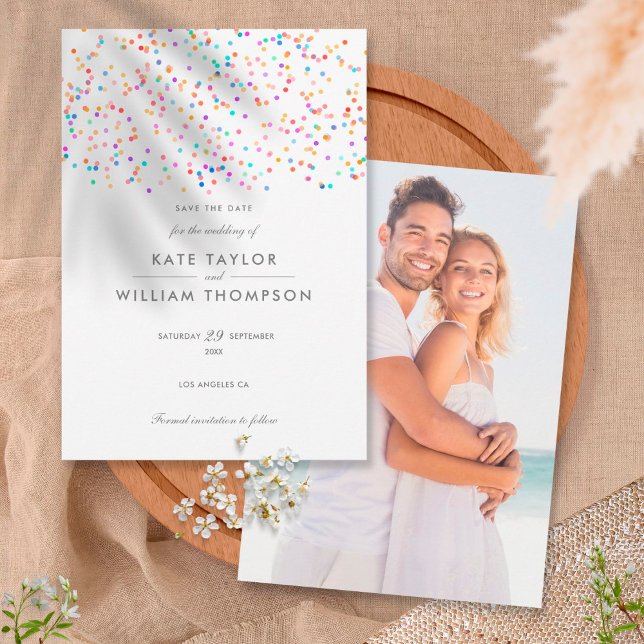 Modern Rainbow Confetti Wedding Save The Date (Creator Uploaded)