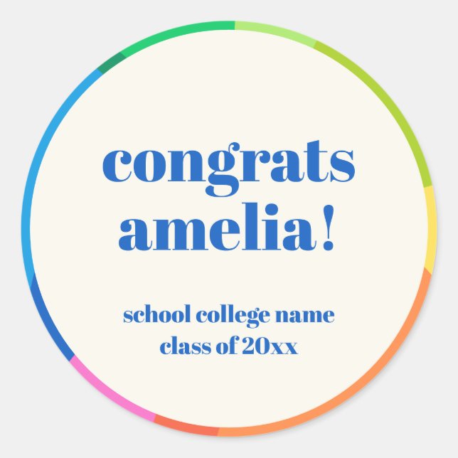 Modern Rainbow Custom Graduation Congratulations Classic Round Sticker (Front)