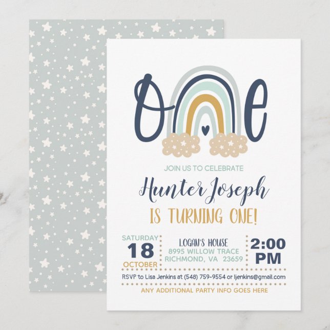 Modern Rainbow First Birthday Invitation - Boy LB (Front/Back)