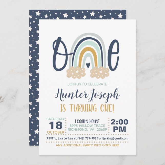 Modern Rainbow First Birthday Invitation - Boy NB (Front/Back)