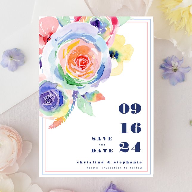 Modern Rainbow Floral LGBTQ Wedding Save the Date Invitation (Creator Uploaded)