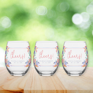 Modern Rainbow Floral LGBTQ Wedding Stemless Wine Glass