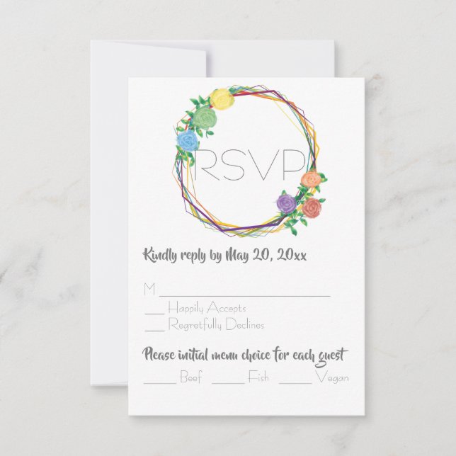 Modern Rainbow Geometric Floral Wedding RSVP Card (Front)